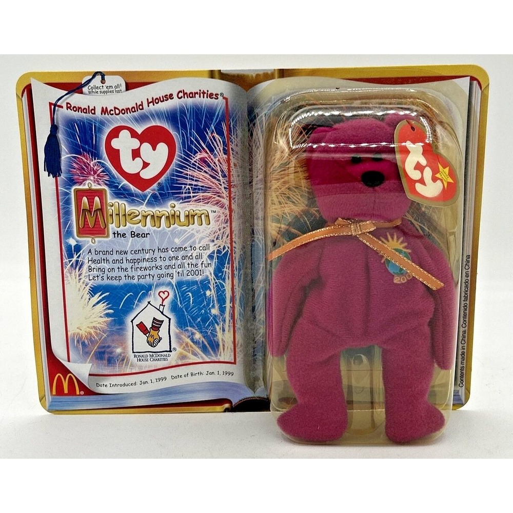 Ty McDonalds Teenie Beanie Baby Millennium Bear 2000 Retired Magenta BB20
